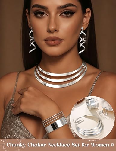 JOERICA Bib Choker Necklace Set for Women Wide Cuff Bangle Bracelets Long Statement Dangle Earrings African Costume Jewelry Set - color: Silver Tone