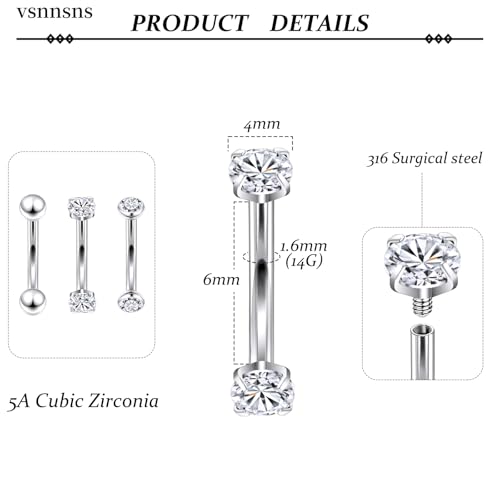 14G Small Belly Button Ring Piercing Jewelry 316L Stainless Surgical Steel Tiny Internally Threaded Navel Rings Belly Button Ring Piercing Jewelry for Women 14 Gauge Hypoallergenic - color: Silver-6MM Bar-Clear CZ