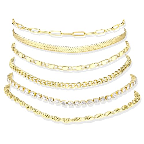 Besteel Ankle Bracelets for Women Waterproof 14K Gold Plated Anklets Set | Non Tarnish Stainless Steel, Plus Size Adjustable 8-12 Inch, Hypoallergenic Layered Cuban Link Chain Summer Foot Jewelry Gift - style: 6 Pcs Gold Tennis-8.5+2.5 Inch