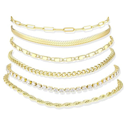 Besteel Ankle Bracelets for Women Waterproof 14K Gold Plated Anklets Set | Non Tarnish Stainless Steel, Plus Size Adjustable 8-12 Inch, Hypoallergenic Layered Cuban Link Chain Summer Foot Jewelry Gift - style: 6 Pcs Gold Tennis-8.5+2.5 Inch