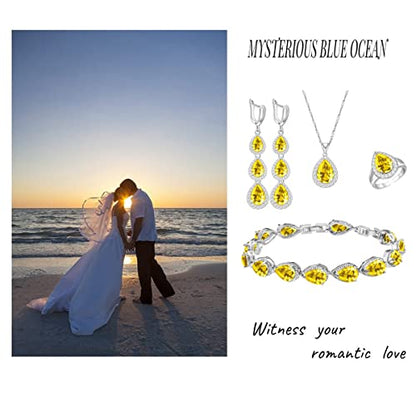 LMXXVJ Necklace Long Earrings Bracelet Set, White Gold Plated Created Blue Sapphire Jewelry Set Wedding Party Gift Jewelry for Women Bridal Bridesmaid - color: White Gold-Yellow Ring