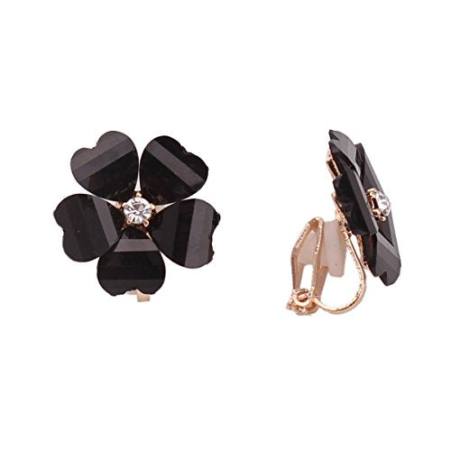 Silver Plated or Gold Plated Opal Flower Shape Clip on Earrings Non Piercing for Women - color: Black
