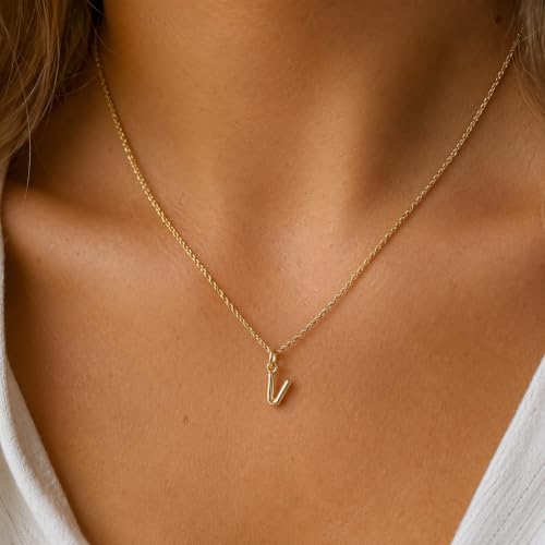 Gold Puffed Initial Letter Charm - 10 Karat Gold - 3D Bubble Letter Pendant - style: Letter v