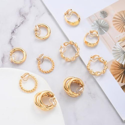 5 Pairs Gold Clip On Hoop Earrings for Women, Stylish Chunky Gold Hoops Earrings Set Golden Clip on Earring No Piercing Fake Earring Set