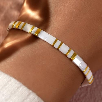 Candy Colorful Tila Flat Beads Bracelets for Women Trendy Unique Friendship Handmade Stackable Christmas Jewelry Gifts - color: white