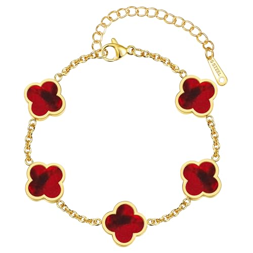 Four Leaf Clover Bracelet for Women 18K Gold Plated Stainless Steel 4 Leaf Link Chain Adjustable Bracelets Lucky Gift for Women/White/Black/Rich Red/Emerald Green/ Navy Blue/Pink Bracelets - color: Dark Red/Gold