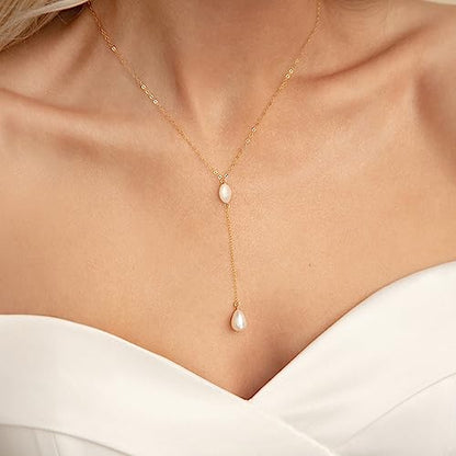 DIBOLA Dainty Pearl Necklaces for Women 14K Gold/Silver Plated Cute Single Pearl Necklace Elegant Small Tiny Pearl Choker Thin Chain Necklace Simple White Pearl Drop Y Long Necklace Freshwater Pearled Pendant Necklace Pearls Jewelry Gift - color: Y Drop P
