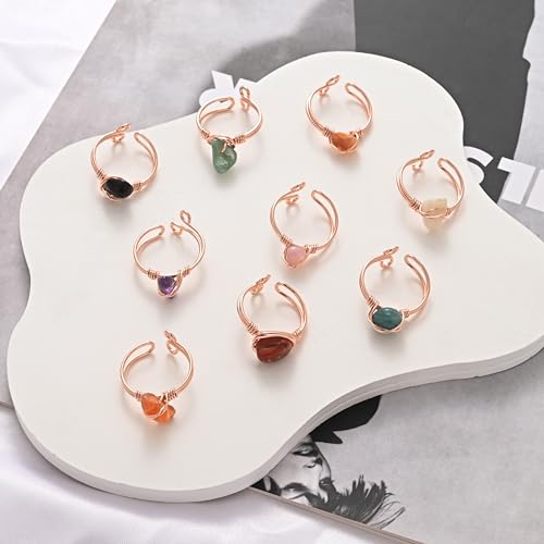 9 PCS Healing Crystal Ring, Adjustable Wire Wrapped Rings Irregular Gemstone Rings Set for Women - color: Rose Gold-Style B