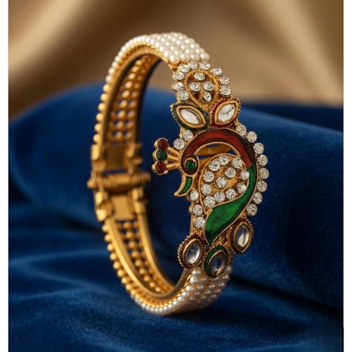 Efulgenz Indian Faux Pearl Peacock Hinge Openable Cuff Bracelet Bangle