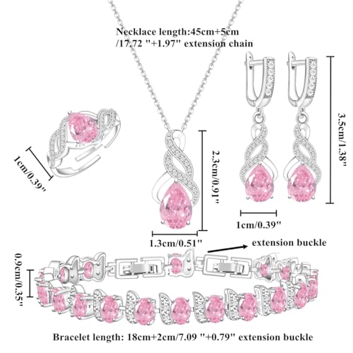 LMXXVJ Jewelry Set for Women,Teardrop Cubic Zirconia Necklace Earrings Adjustable Ring Bracelet Jewelry Set Formal Jewelry Gift - color: MHSD-White Gold-Pink