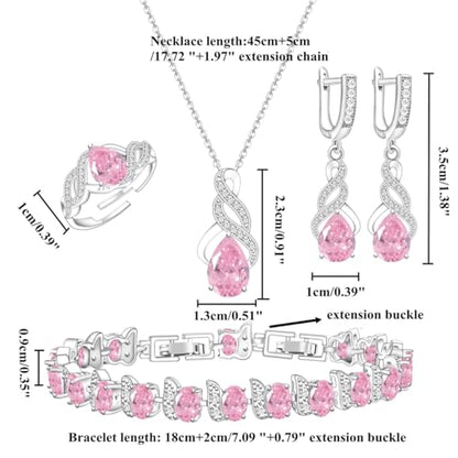 LMXXVJ Jewelry Set for Women,Teardrop Cubic Zirconia Necklace Earrings Adjustable Ring Bracelet Jewelry Set Formal Jewelry Gift - color: MHSD-White Gold-Pink