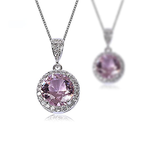 AMYJANE Halo Crystal Jewelry Set - Sterling Silver Round Cubic Zirconia Crystal Bridal Pendant Necklace Earrings Set for Wedding Bride Bridesmaids - color: Pink