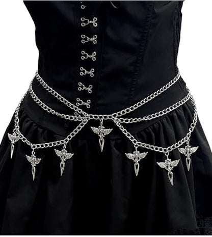 Thorn Heart Waist Chain Belt - Punk Gothic Crossover Body Belly Chains Tassel for Women Girl - color: Cross Wing