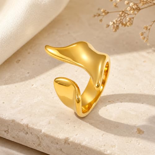 Gold Stainless Steel Open Ring, Sculptural Wave Statement Ring, Wide Polished Band Jewelry for Women Daily Party Outfits