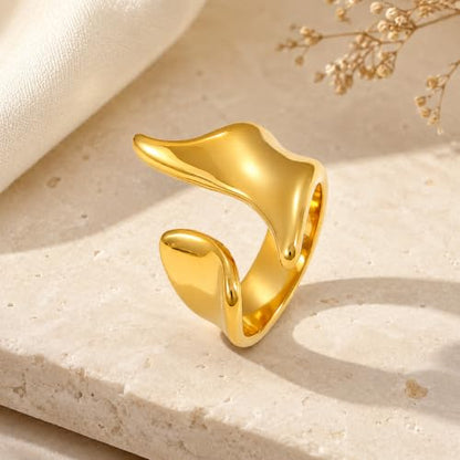 Gold Stainless Steel Open Ring, Sculptural Wave Statement Ring, Wide Polished Band Jewelry for Women Daily Party Outfits