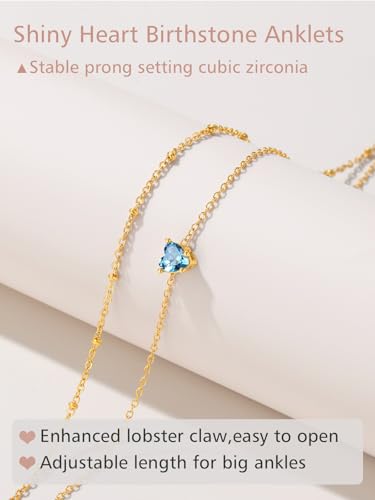 FindChic Bling Heart Birthstone Anklets Layered Beaded Ankle Bracelets for Women Gold/Black/Silver 12 Month Gem Colors Foot Chain Summer Jewelry for Girls, with Gift Box - color: Gold, style: 03. Mar.-Created Aquamarine(Prong Setting)