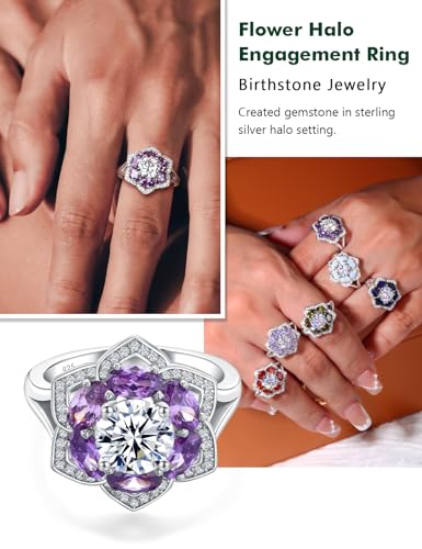 Flower Engagement Promise Ring Sterling Silver Birthstone Rings for Women Sapphire/Emerald/Ruby Gemstone Six Leaf Clover Statement Cocktail Ring Size 6 to 10 - style: 02. February-Created Amethyst