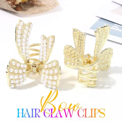 CAKURE Bow Claw Clips Gold Hair Clips Hair Accessories for Women | 2 PCS Pearl Bow Hair Claw Clips for Thin Hair Cute Small Claw Jaw Clips Daily Prom Wedding