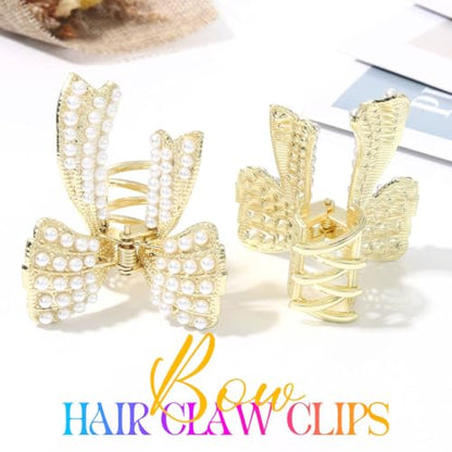 CAKURE Bow Claw Clips Gold Hair Clips Hair Accessories for Women | 2 PCS Pearl Bow Hair Claw Clips for Thin Hair Cute Small Claw Jaw Clips Daily Prom Wedding