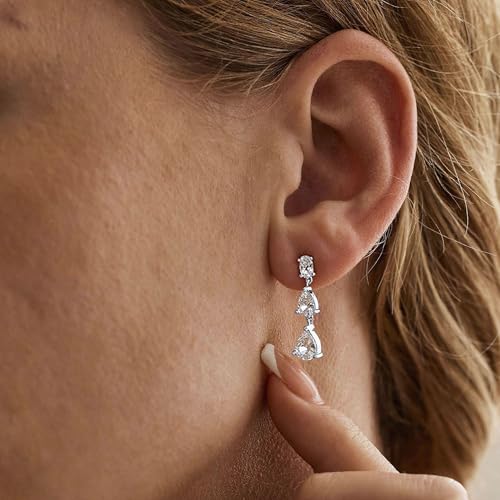 Dangle Drop Gold Earrings Women Prom with CZ Wedding Jewelry Gift | Dangling for Bridal, Sparkly Diamond , Gifts for Women, Dainty, Trendy, Butterfly Back - color: Silver-3CZ Drop