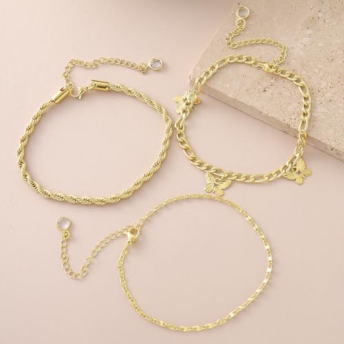 Gold Ankle Bracelets for Women 14k Gold Plated Cuban Link Chain Anklet Set | Stackable, Waterproof, Layered Anklet Bracelets, Non Tarnish, Summer Beach Jewelry - color: Gold D-3Pcs