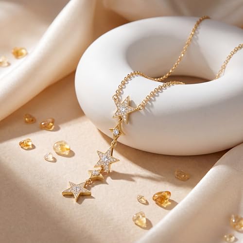 Valloey Rover Gold Star Necklace for Women: Danity 14K Gold Plated Star Moon Charm Pendant with Cubic Zirconia Choker Necklace for Women Trendy Jewelry Gift - color: 3 stars