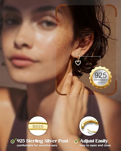 FIBO STEEL 14K Gold Plated Hoop Earrings with Charms for Women Huggie Hoops | Hypoallergenic 925 Sterling Silver Post Dangle Earrings Small Silver Gold Hoops Earring Cubic Zirconia Dangle Drop Jewelry - color: Hollow Heart - 14K Gold Plated