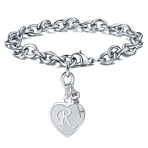 M MOOHAM Heart Initial Bracelets for Girls Women - Engraved 26 Letters Initial Charms Bracelet Stainless Steel Bracelet Birthday Christmas Jewelry Gift for Women Teen Girls - style: R - Heart