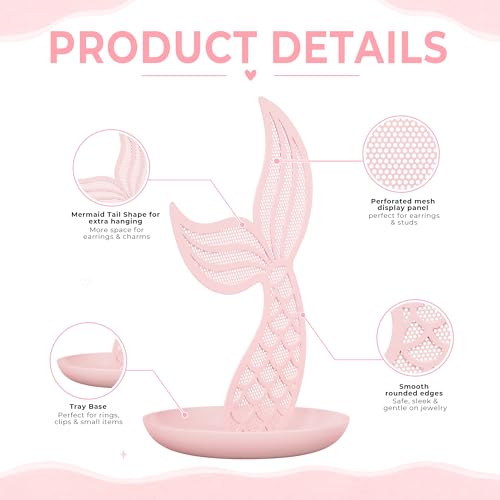 Earring Holder Organizer for Girls, Pink Mermaid Tail Metal Earring Stand with Tray for Rings, Bracelets and Necklaces, Cute Vanity Display - color: Pink Mermaid Tail
