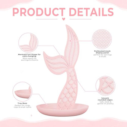 Earring Holder Organizer for Girls, Pink Mermaid Tail Metal Earring Stand with Tray for Rings, Bracelets and Necklaces, Cute Vanity Display - color: Pink Mermaid Tail