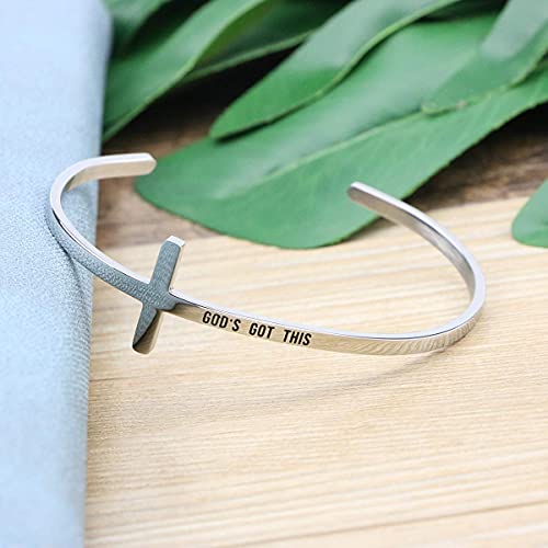 𝐂𝐫𝐨𝐬𝐬 𝐁𝐫𝐚𝐜𝐞𝐥𝐞𝐭 Religious Cuff Bangle 𝐁𝐢𝐛𝐥𝐞 𝐕𝐞𝐫𝐬𝐞 Christian Gifts Jewelry for 𝐖𝐨𝐦𝐞𝐧 - style: Silver cuff-God's got this