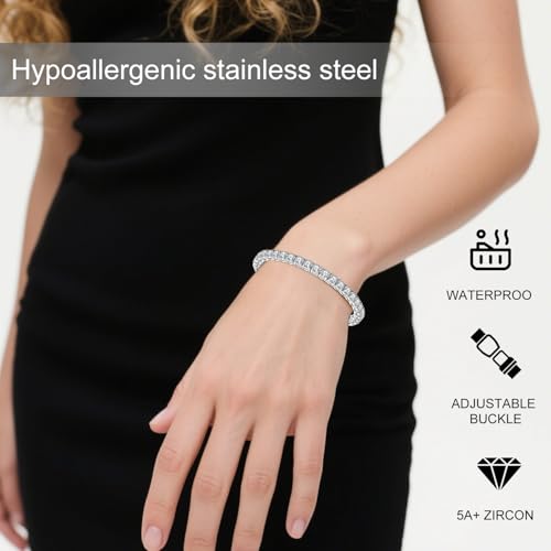 Stainless Steel Adjustable CZ Tennis Bracelet for Women Men | 14K Gold Plated, Round 3mm/4mm/5mm AAAA+ Cubic Zirconia, Dainty Classic, Festival Wedding Jewelry Gift - color: Steel, size: CZ 5mm