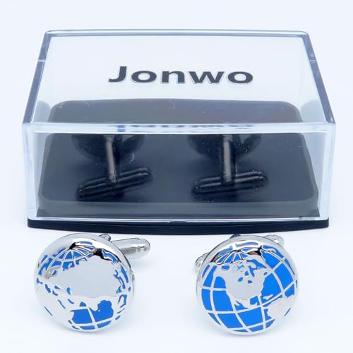 World Map Unique Cufflinks for Men Classic Round Blue Globe Earth Cufflinks in Gift Case for Wedding Business French Cuff Shirt | Mens Women Cuff Links Set Jewelry for Wedding Party Daily Office Formal Casual Wear Business Tuxedo Dress, Come with Gift Box