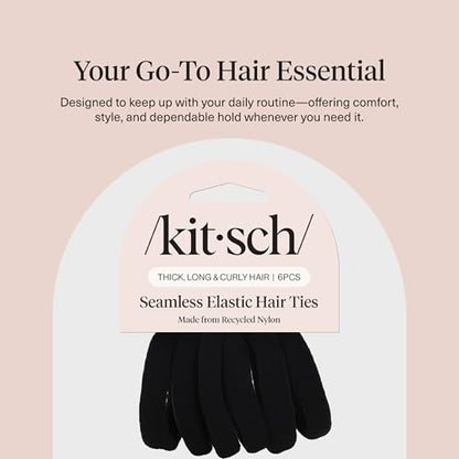Kitsch Elastic Hair Ties No Damage | Stretchable Hair Bands - Black, 6pcs | Strong All-Day Hold Hair, Rubber Bands For Hair, Ponytail Holders | Hair Accessories for Everyday Use - color: Black Thick (Pack of 6)