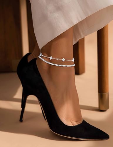 RLMOON Gold Silver Anklets for Women CZ Ankle Bracelets 14K Gold Plated | Waterproof Layered Stackable Clover Butterfly Tennis Chain Anklet Non Tarnish Trendy Summer Beach Foot Jewelry - color: Silver anklet B