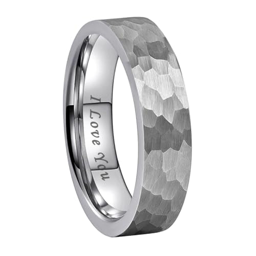 TUTISS 6mm 8mm Silver/Black/Gunmetal/Gold/Rose Gold Hammered Tungsten Rings for Men Women Couple Fashion Jewelry Engagement Wedding Bands Matte Finish Comfort Fit - color: 6mm Silver I Love You Engraved