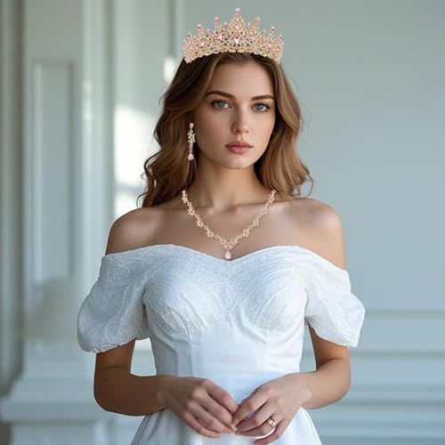 Crystal Crown Jewelry Set for Women Bride Queen Tiara Earrings and Necklace | Metal Royal Crown Costume Jewelry Set Wedding Prom Quinceanera Party Pageant Halloween Retirement Christmas Birthday Gift - color: Pink