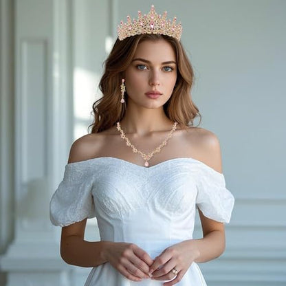 Crystal Crown Jewelry Set for Women Bride Queen Tiara Earrings and Necklace | Metal Royal Crown Costume Jewelry Set Wedding Prom Quinceanera Party Pageant Halloween Retirement Christmas Birthday Gift - color: Pink