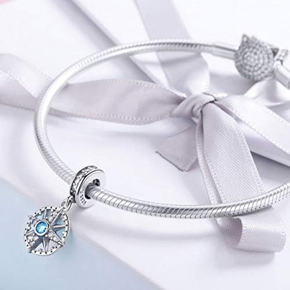 BISAER 925 Sterling Silver Charms for Bracelets Cat Dog Sloth Animal Beads Butterfly Fairy Heart Dangle Pendant Charms - color: Compass