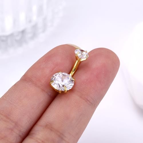 14G Surgical Steel G23 Titanium Sterling Silver 14K Gold Plated Belly Button Rings for Women Round Cubic Zirconia Navel Barbell Stud Hypoallergenic Body Piercing Jewelry - color: 14K Gold Plated, size: 8mm-Sleek-Thin