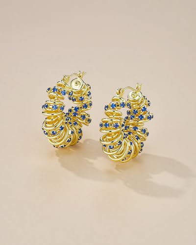 18K Gold Plated Chunky Curve Twisted Open Hoop Statement Stud Earrings with CZ for Women by SNGIA, Large Handmade Spiral Texture Braided Formal Trendy Hoop Jewelry Gifts, Big Circle Geometric Shell Beachy Vacation Fashion Hanging Earrings Accessories, Vin