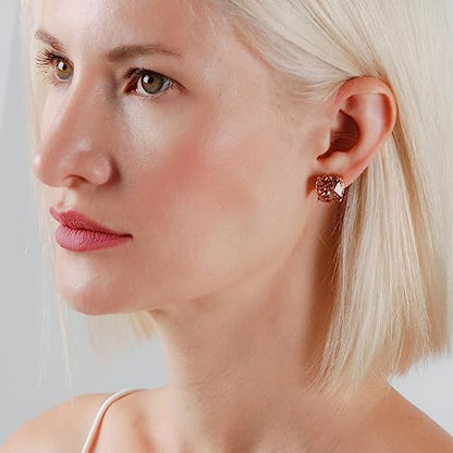 Large Square Stud Earrings for Women - Big Sparkly Rhinestone Studs | Plated in Gold Tone or Silver Tone, Hypoallergenic and Safe for Sensitive Ears - color: Rose Gold Glitter