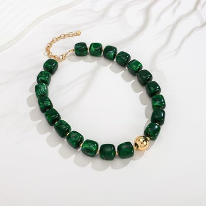 Chunky Beaded Necklace for Women Boho Statement Bead Necklace Adjustable Choker with Polished Disc/Square Beads Trendy Summer Beach Jewelry Gifts - color: Green