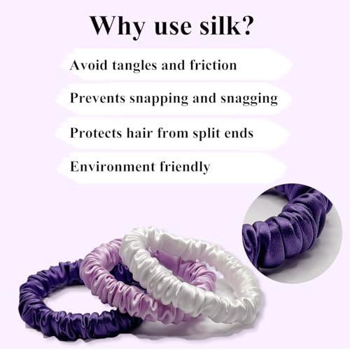VLOMOT 3 Pcs Set 100% Pure Mulberry Silk Hair Scrunchies (Purple) | Silk Hair Ties for Thin Hair with 3 Chic Colors Everyday Skinny Scrunchies Silk Ponytail Holders Hair Care No Damage - color: Purple