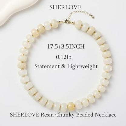 SHERLOVE Chunky Statement Large Resin Beaded Choker Necklaces for Women | Big Lightweight Bead Beaded Necklace Trendy Fashion Boho Summer Beach Vacation Jewelry - color: Beaded Choker White