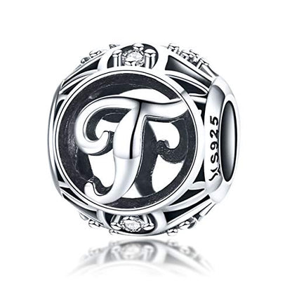 Letter Charms 925 Sterling Silver Initial A-Z Bead Charms | For Bracelets Necklaces, Hypoallergenic,Cubic Zirconia Alphabet Beads, Personalized Gifts for Women - color: T