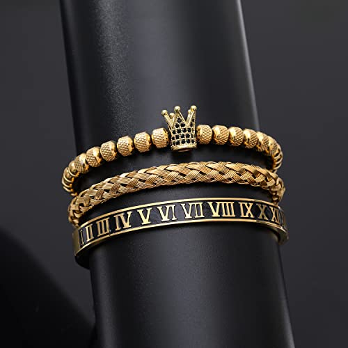 WFYOU 3PCS Stainless Steel Imperial Crown Bracelets for Men Gold Roman Numeral Bangle Bracelet Adjustable Cuff Bracelet Mens Luxury Jewelry Gifts - style: 02:Gold-Roman Numeral