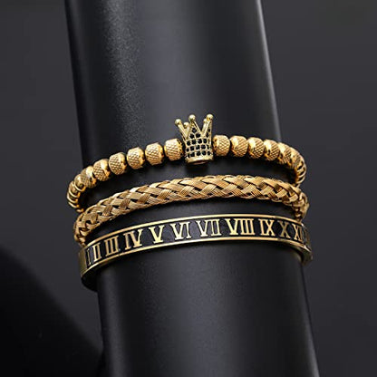 WFYOU 3PCS Stainless Steel Imperial Crown Bracelets for Men Gold Roman Numeral Bangle Bracelet Adjustable Cuff Bracelet Mens Luxury Jewelry Gifts - style: 02:Gold-Roman Numeral