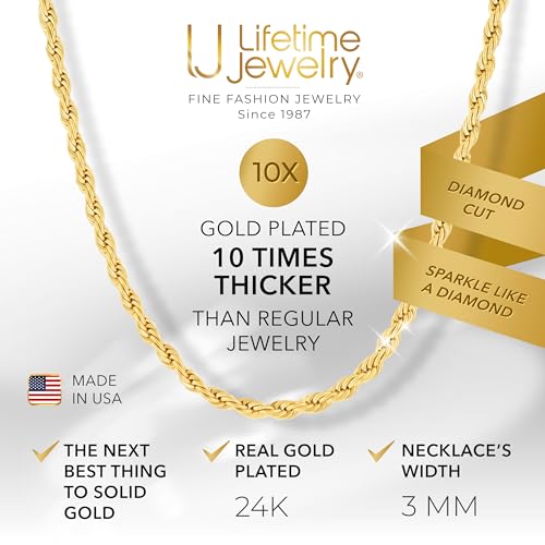 LIFETIME JEWELRY Gold Rope Chain for Men & Women - 24k Gold Necklace - Lifetime Replacement - Diamond Cut Real Gold Plated Chain - Heavy Duty Clasp - 3mm - color: Gold, size: 14 inches