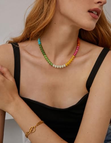 Beaded Necklaces for Women, Boho Colorful Bead Choker Necklace | Natural Gemstones, Summer Beach Jewelry, 18K Gold Plated, Handmade, Gift for Her,Charm Necklace - color: Rainbow-OT-Shaped Clasp